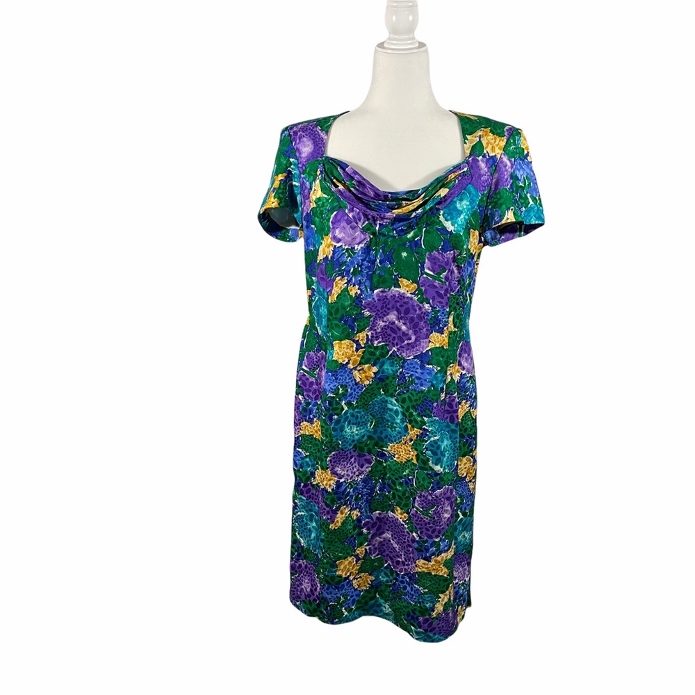 Vtg 80’s 90’s Gillian Turquoise Floral Silk Sheath Dress with CowlNeck